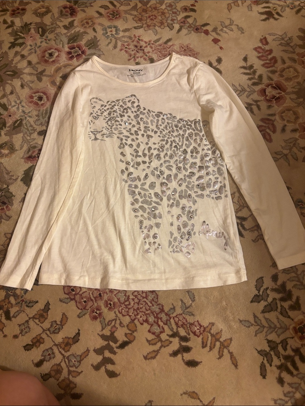 DKNY Cream Long-Sleeve Tee with Silver Leopard Graphic